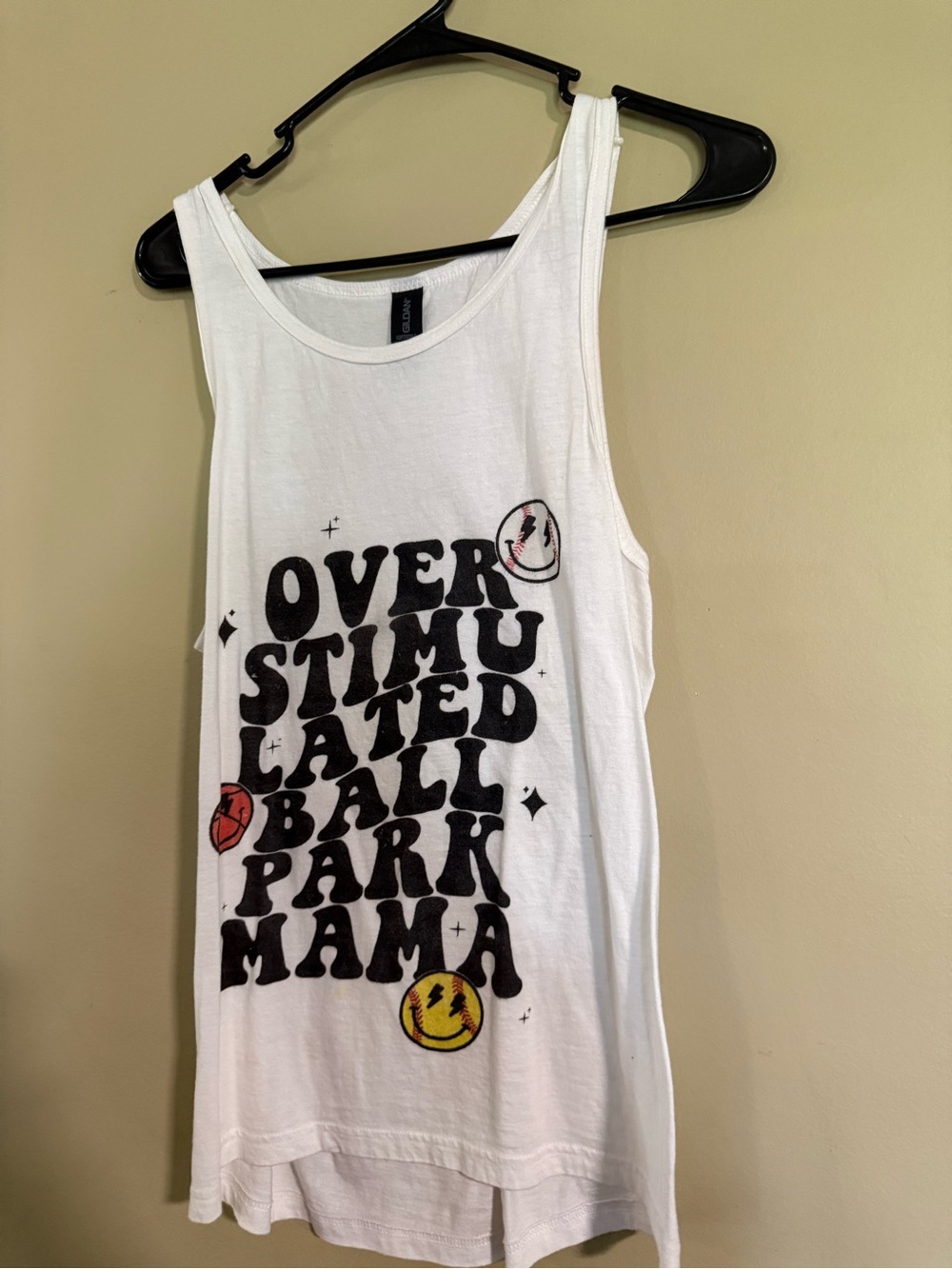 Women’s  White Graphic Tank Top - 'Overstimulated Ballpark Mama'